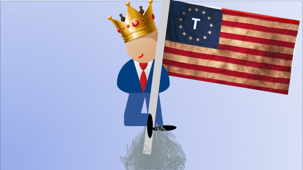 The top illustration displays a partially transparent red bar over the top and bottom third sections of the page covering a white map of US states which displays the middle 3rd as white.  A flag pole is towering across the country baring a Betsy Ross styled flag with a white "T" in the center of the circle of stars.  Leading up to the pole, along the ground is the word MAGA, all connected as a thick black, sold line that is preceded by a glowing yellow orange 2020.
The image below the green caption section shows the flag pole still standing but against a light blue background and planted in a heap of ashes.  Holding on to the top of the flag pole is a cartoon caricature of Donald Trump wearing a gold crown adorned with jewels.